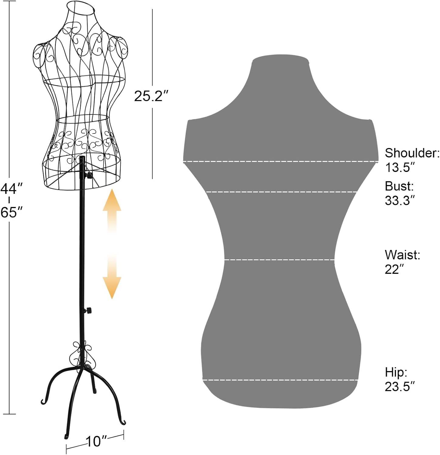 Vintage Adjustable Wire Dress Form Vintage, Black Metal Mannequin 44"-65" Height