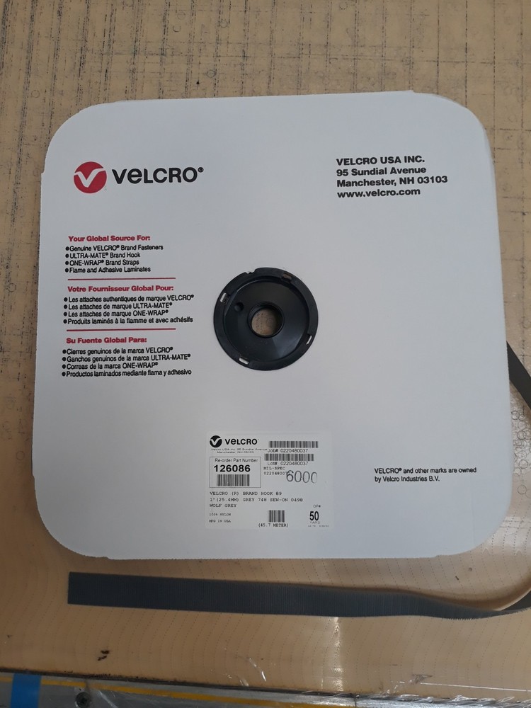 50 Yard Roll, Velcro 1" 89 Hook, Wolf Grey - Mil-Spec