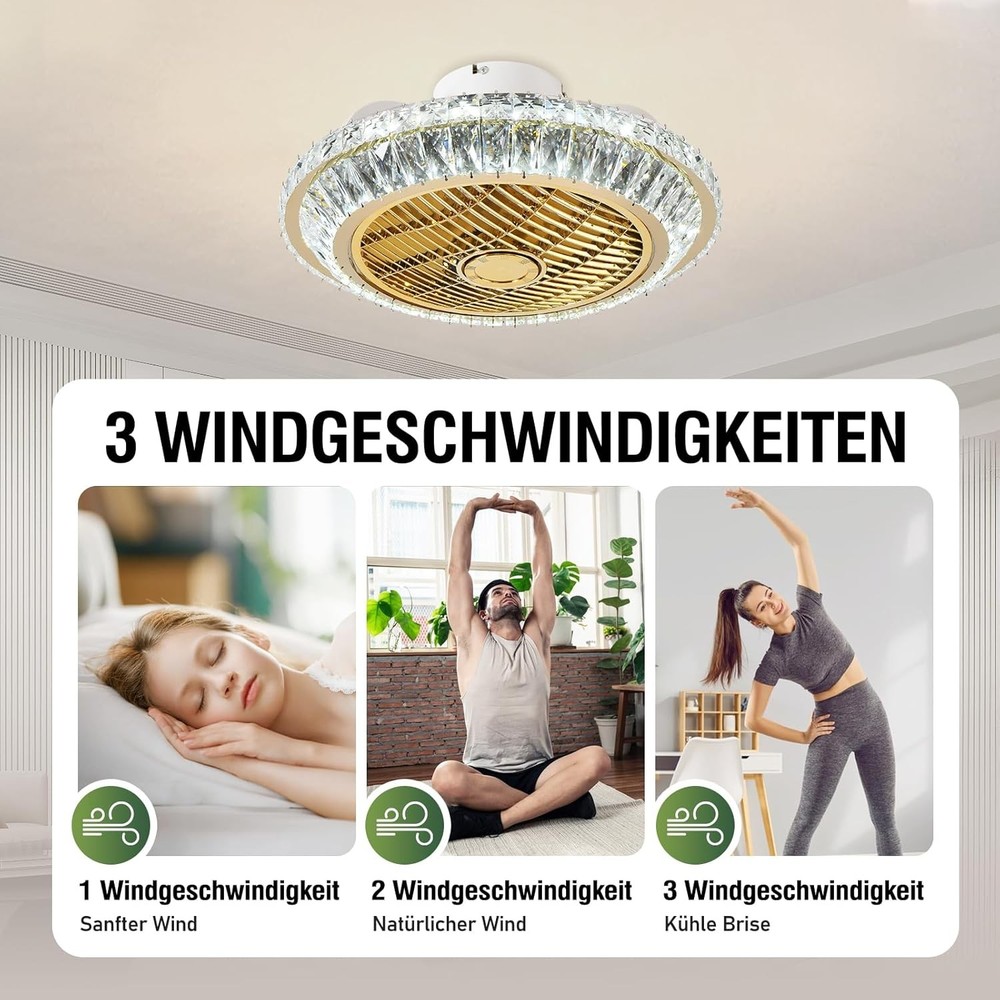 Circulation Crystal Ceiling Fan with Dimmable Light 72W Remote Control Modern