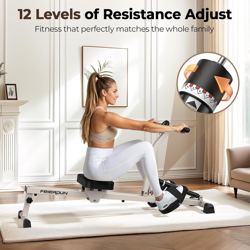 FEIERDUN Hydraulic Rowing Machine for Home, Compact Adjustable Rower with 12 Res