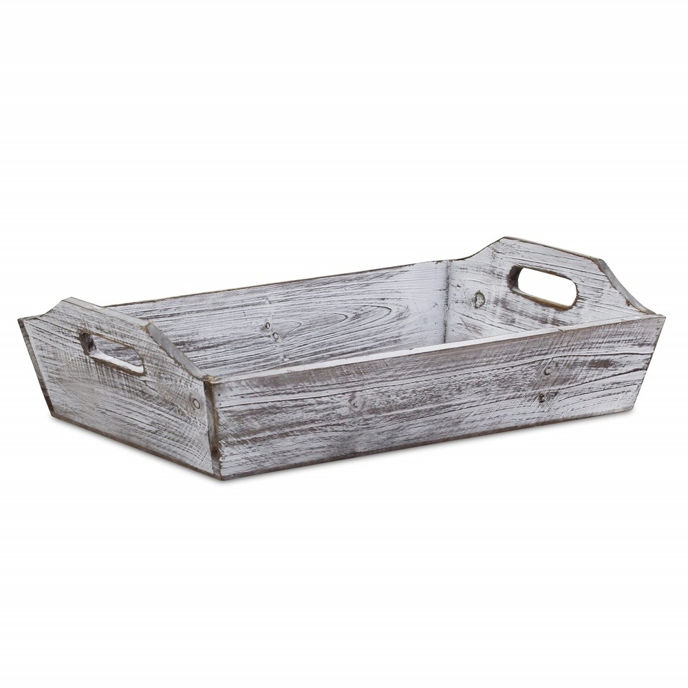 White Rustic Finish Wood Serving Tray With Handles