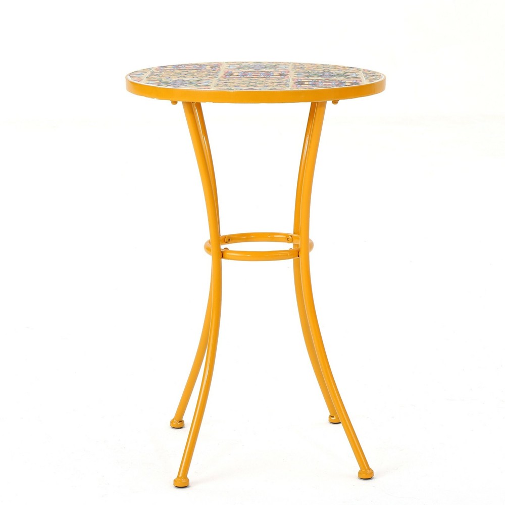 Brienne Outdoor Yellow Ceramic Tile Side Table with Iron Frame