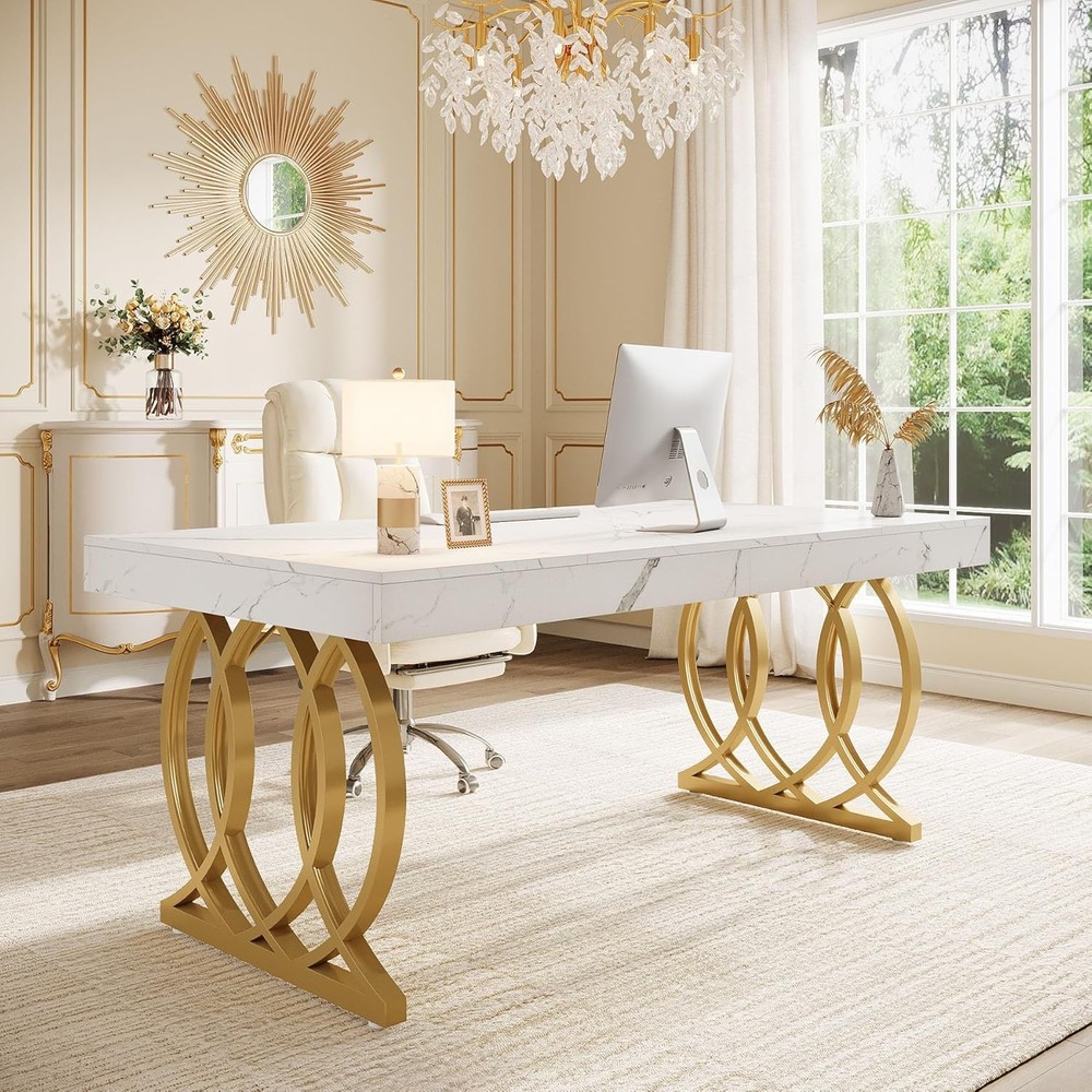 63-Inch Rectangular Executive Desk, Modern Office Computer Desk with Gold Legs