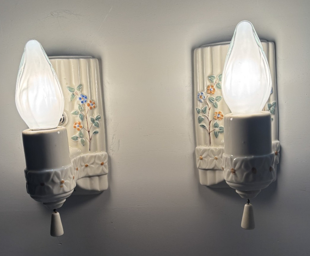 Vtg Porcelain Wall Sconce Pair Bathroom Light Fixture Floral Art Deco USA #L58