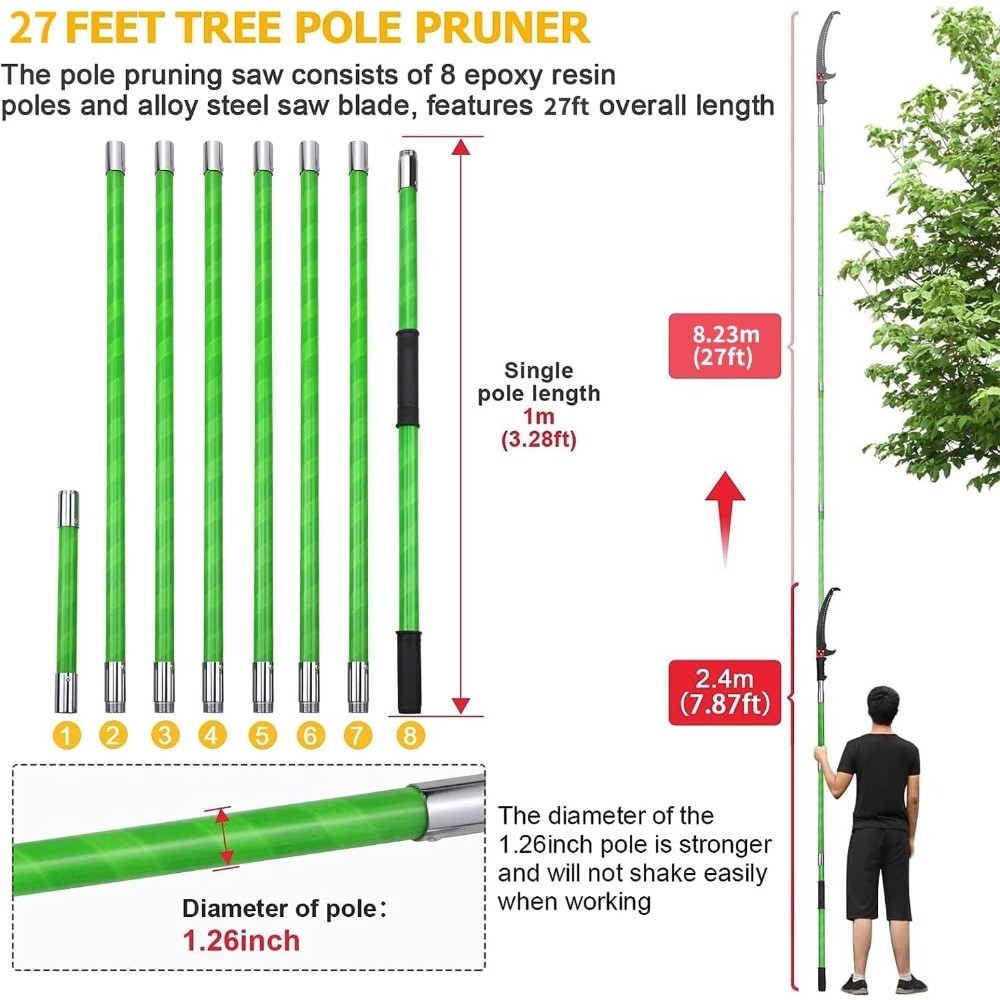 27FT Tree Pole Pruner, Manual Extendable Branch Trimmer Saw
