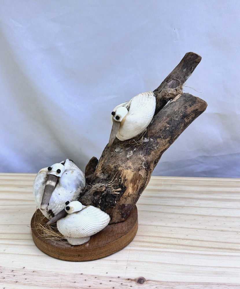 Handmade Seashell Seagulls Sitting on Driftwood