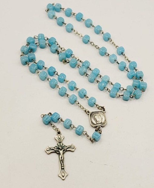 Blue Square Beaded ROSARY 19" † Signed INRI