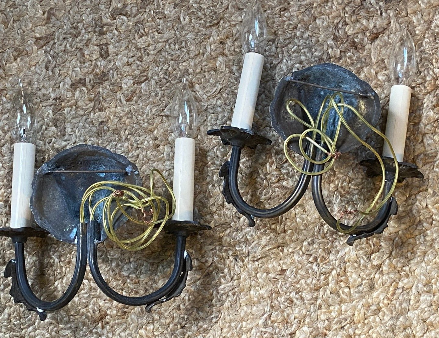 RARE PAIR Antique Two Arm Bronze Dog Wall SCONCE Lights Set of 2