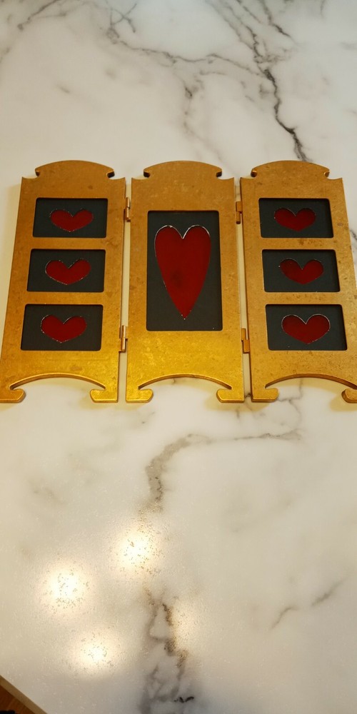 Red Hearts Stained Glass window panel - tri-fold windowsill panel freestanding 