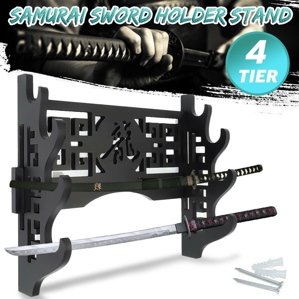Wall Mount Samurai Sword Katana Holder Stand Assembly Hanger 龍&武 Pattern 4 Tier