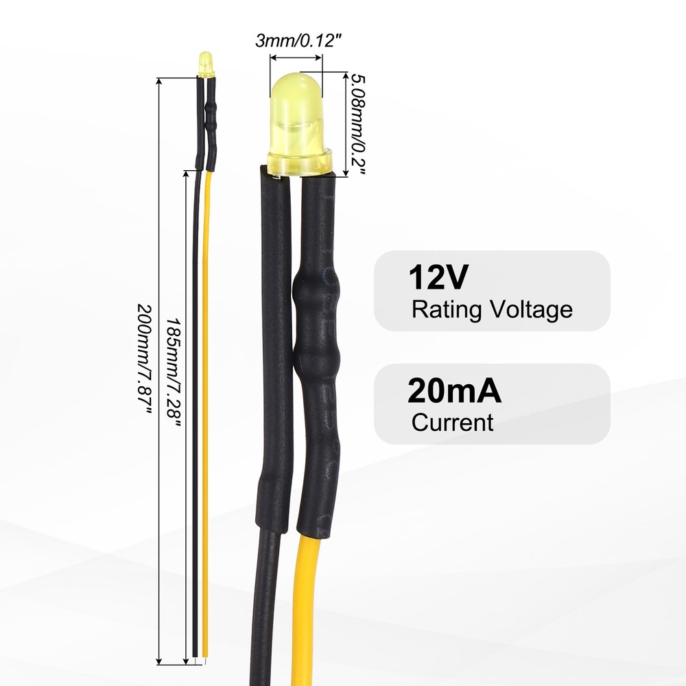 50pcs 3mm LED Diode Lights, Yellow Light DC 12V for Electronics