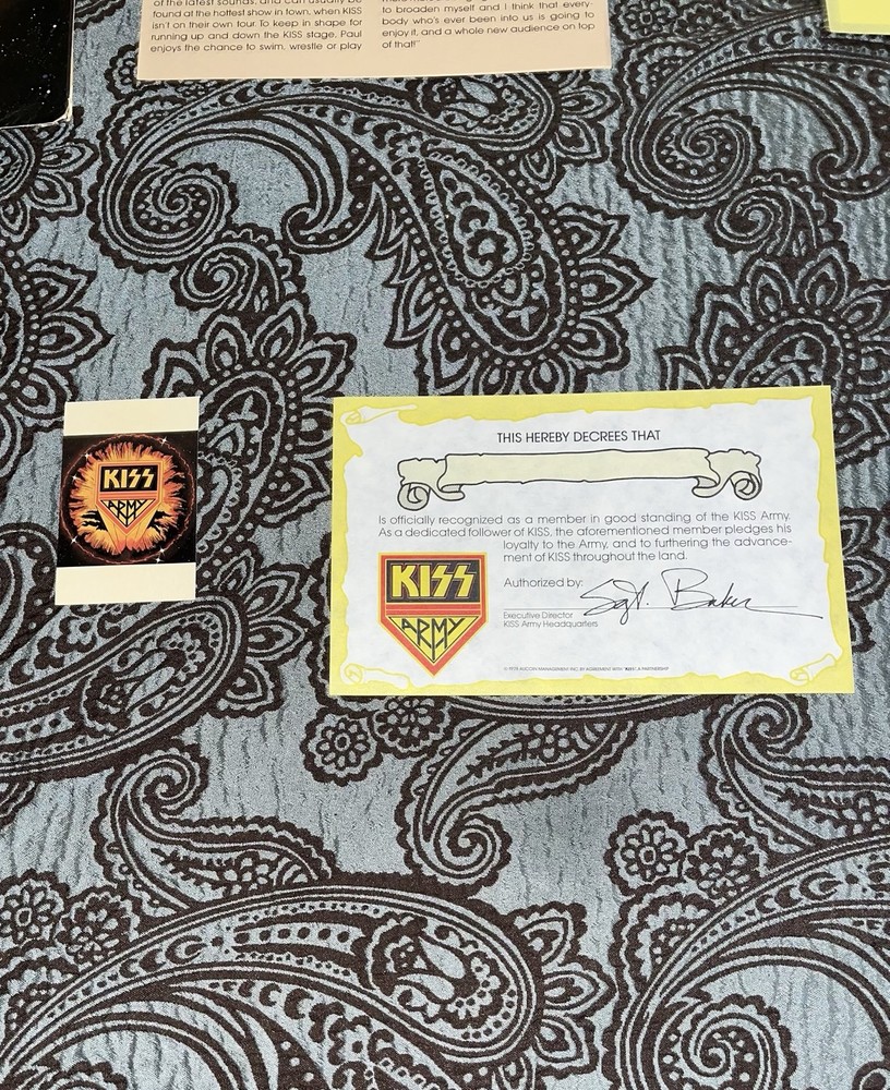 Vintage 1970’s Kiss Army Kit Membership Card Certificate Collection Aucoin