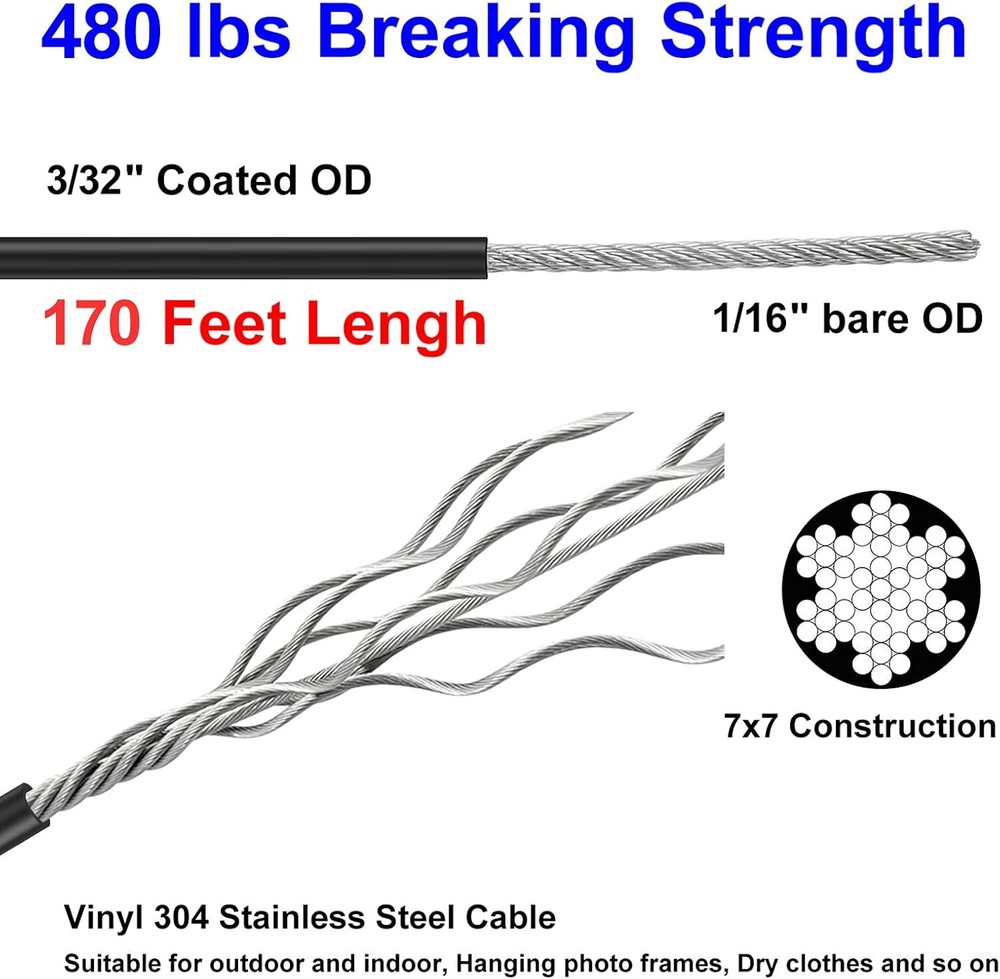 Globe String Light Suspension Kit Outdoor Light Guide Wire 170FT Coated 304 Rope