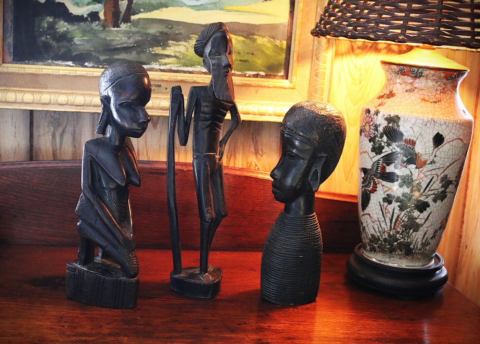 3 Mid Century African Figures, carved Exotic Ebony ,