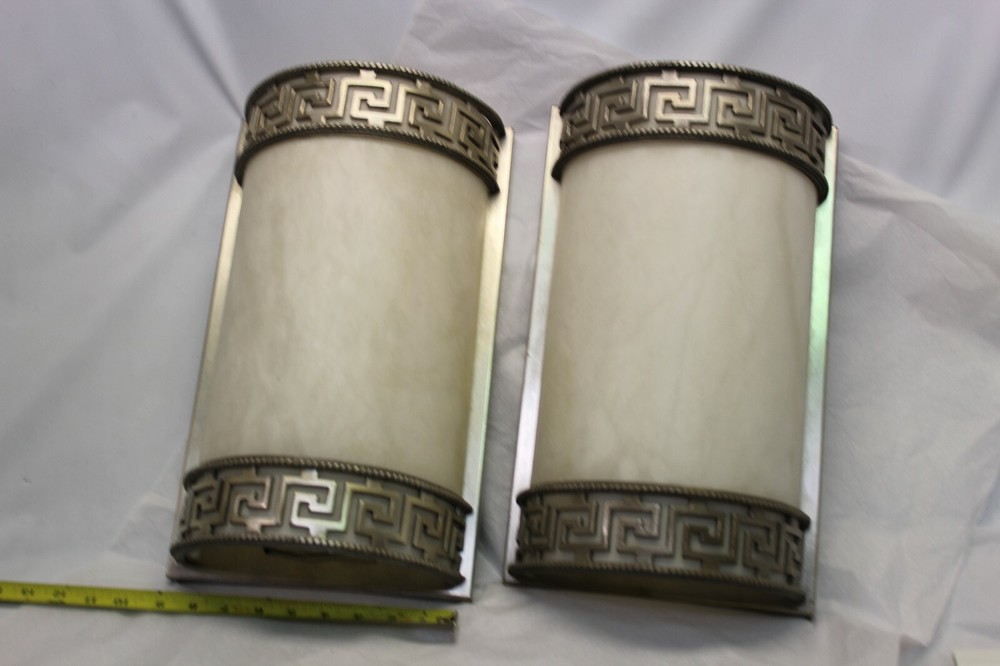 Art Deco Sconces ,Large Size , Real Alabaster , Silvered Bronze frames the Pair