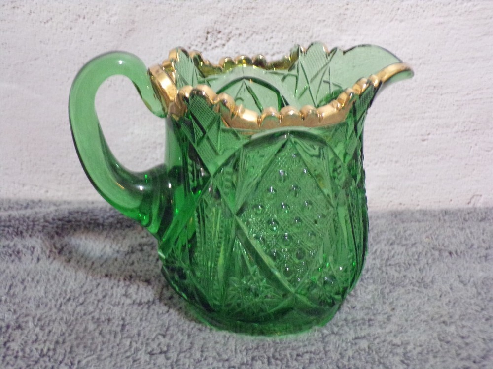 Vintage Riverside? Green & Gold Pitcher 1888 EAPG Pattern Sawtooth
