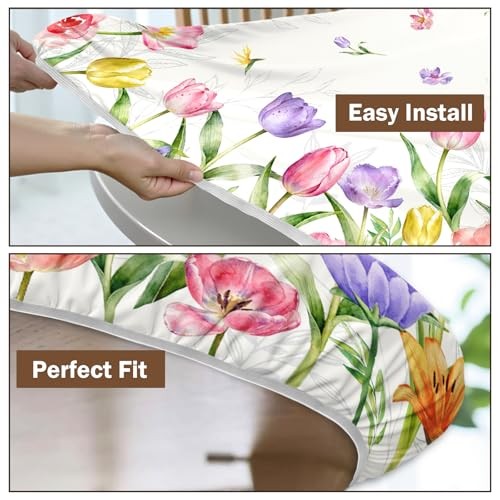 Spring Summer Easter Round Fitted Tablecloth with Elastic Edge Tulip Lavender