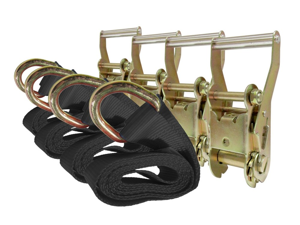 8 ft Black Lasso Straps w/ O-Ring D Ring 2" Long Handle Ratchets (4 Pack)
