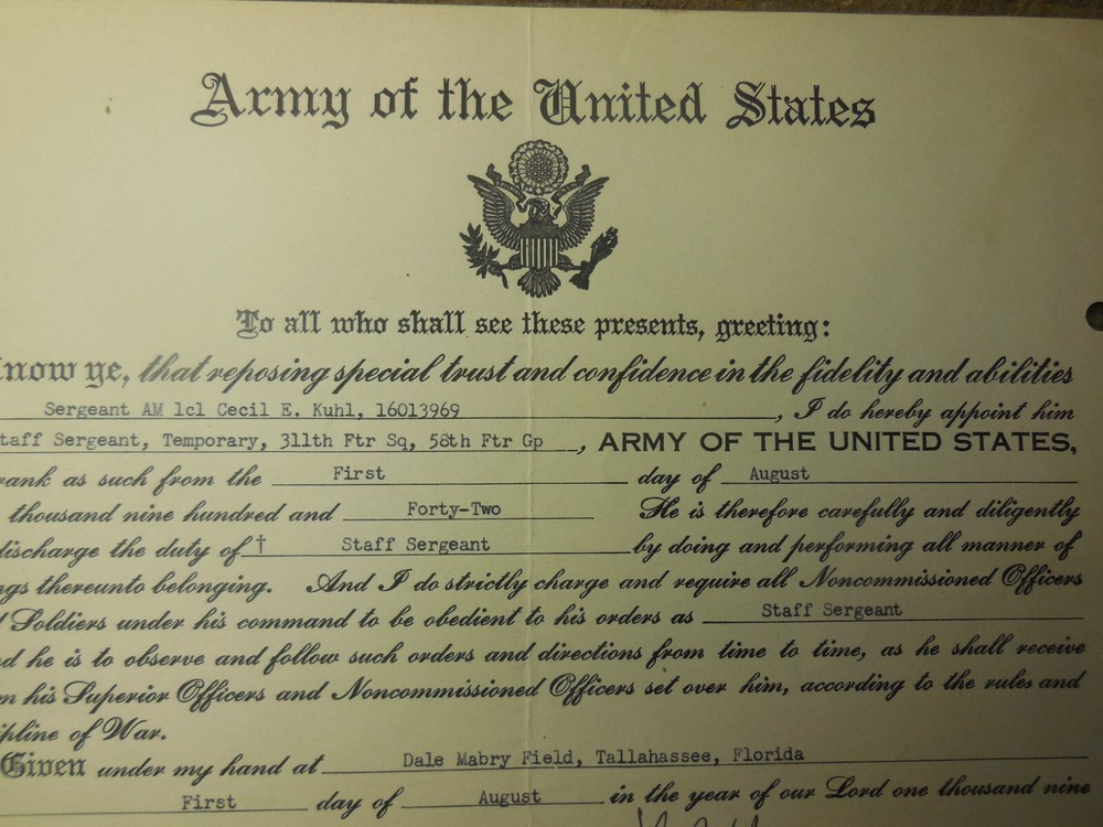 WWII 1942 USAAF Staff Sergeant Promotion Document 311th Fighter Squadron