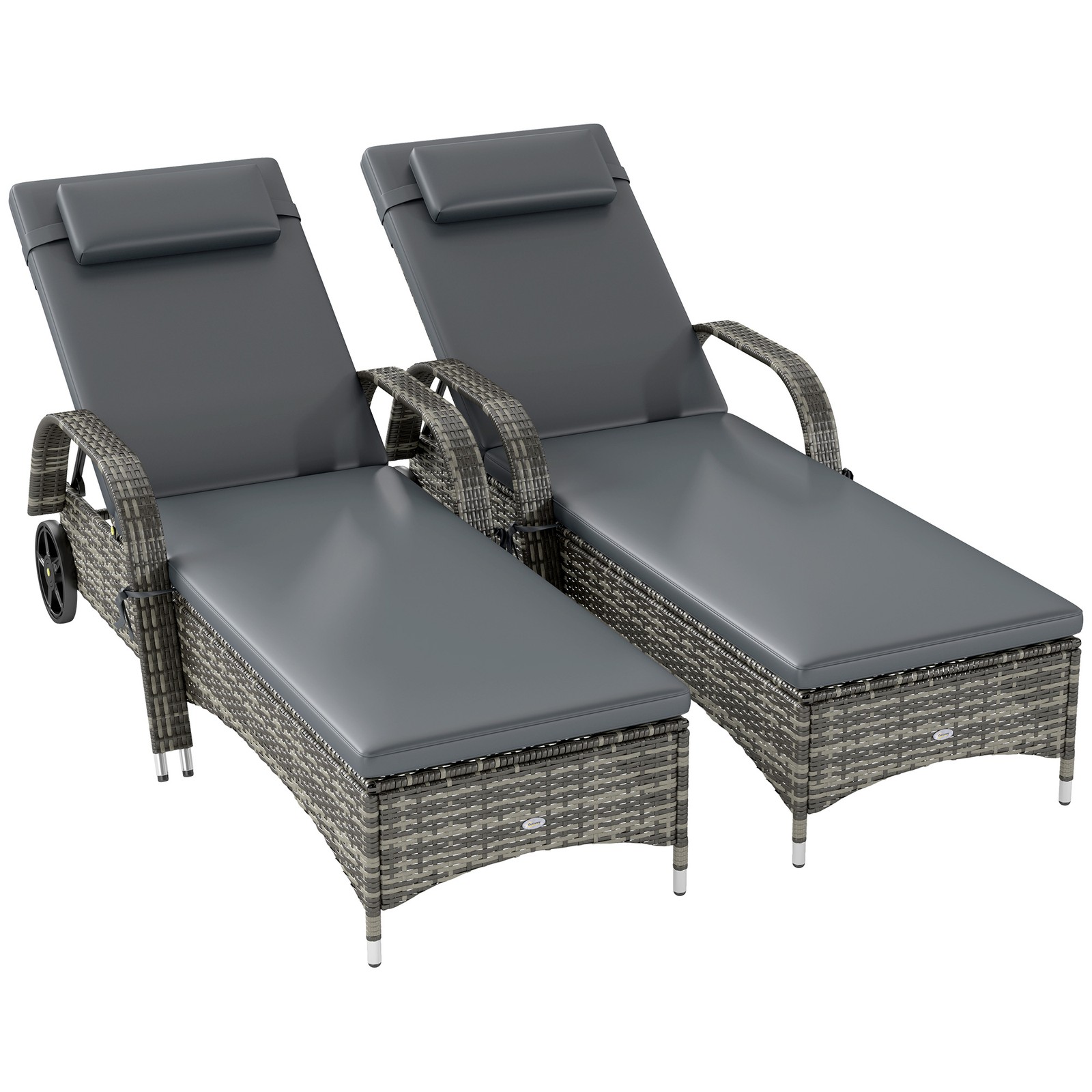 Outdoor PE Rattan Reclining Sun Lounger Set of 2 w/ Cushion, Wheels, Gray