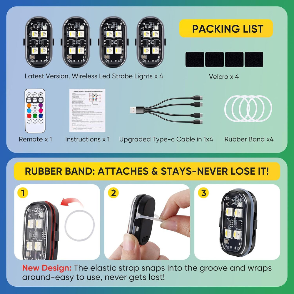 4PCS Wireless LED Lights with Remote Control, Upgraded 4Leds 8 Colors, Interior