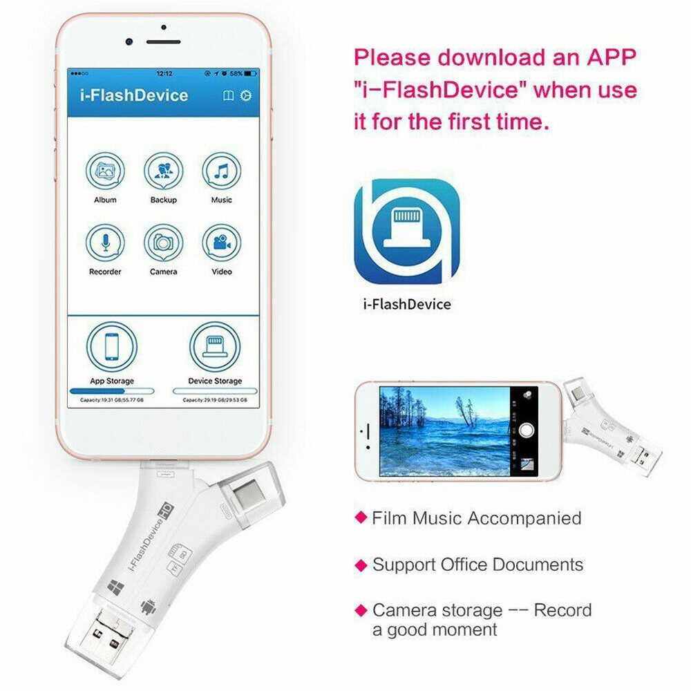 4 in 1 Flash Drive USB Micro SD&TF Card Reader Adapter for iPhone 8 Macbook WHT