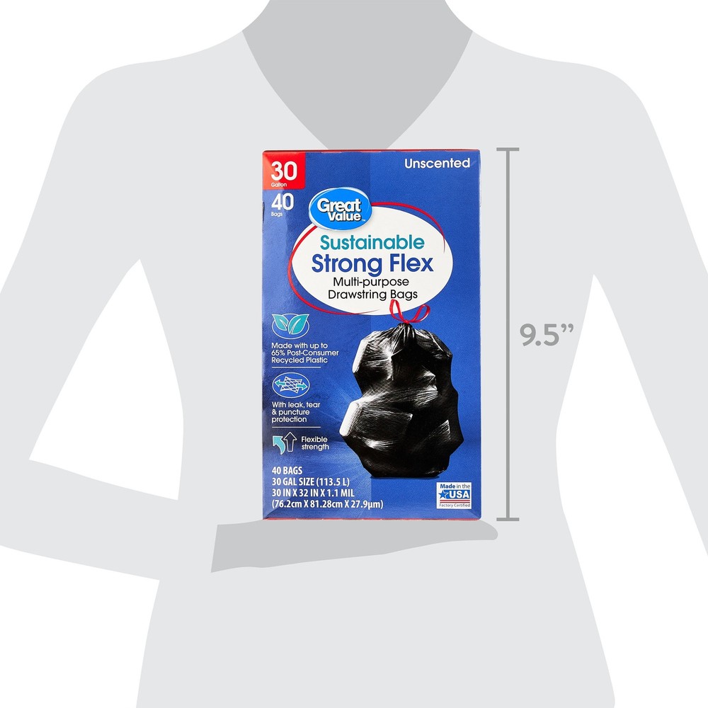 New Great Value Strong Flex Multi-Purpose Drawstring Bags, 30 Gallon, 40 Count
