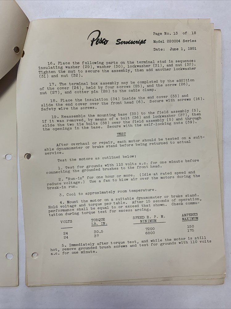 Pesco Servicescript Model 220004 Series Dated June 1, 1951 - Original