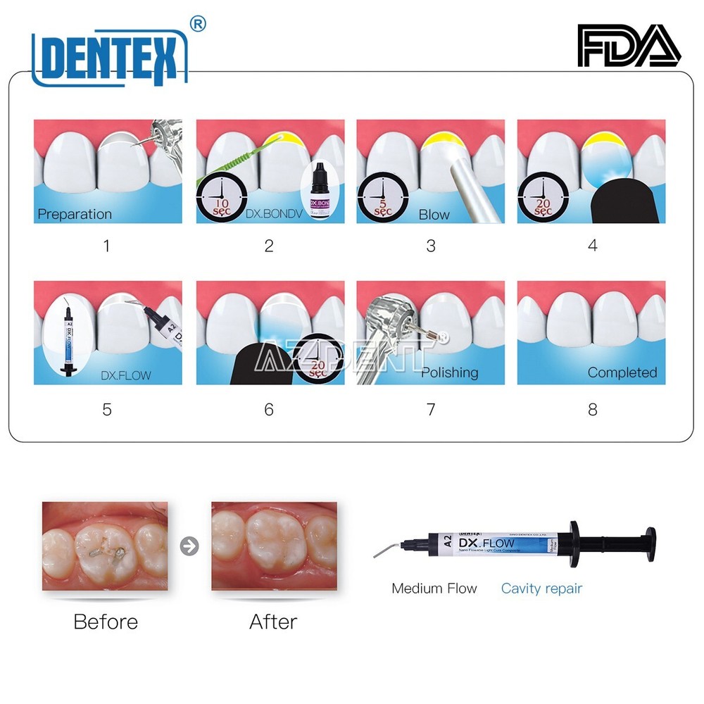 DX.FLOW Dental Light Cure Flowable Composite Resin Shade A2 Medium Flow 3g/Pc