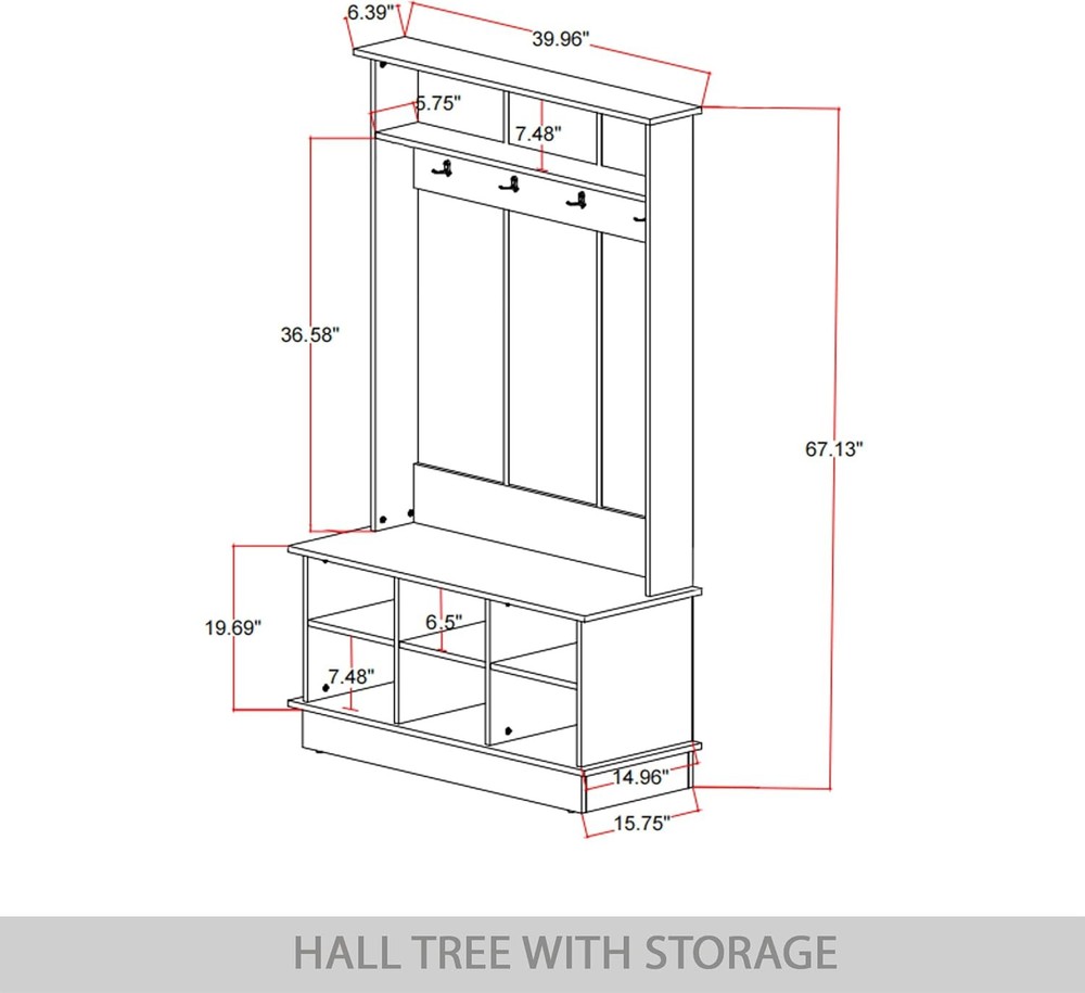 Entryway Hall Tree W/ Bench & 6 Storage Cubbies White