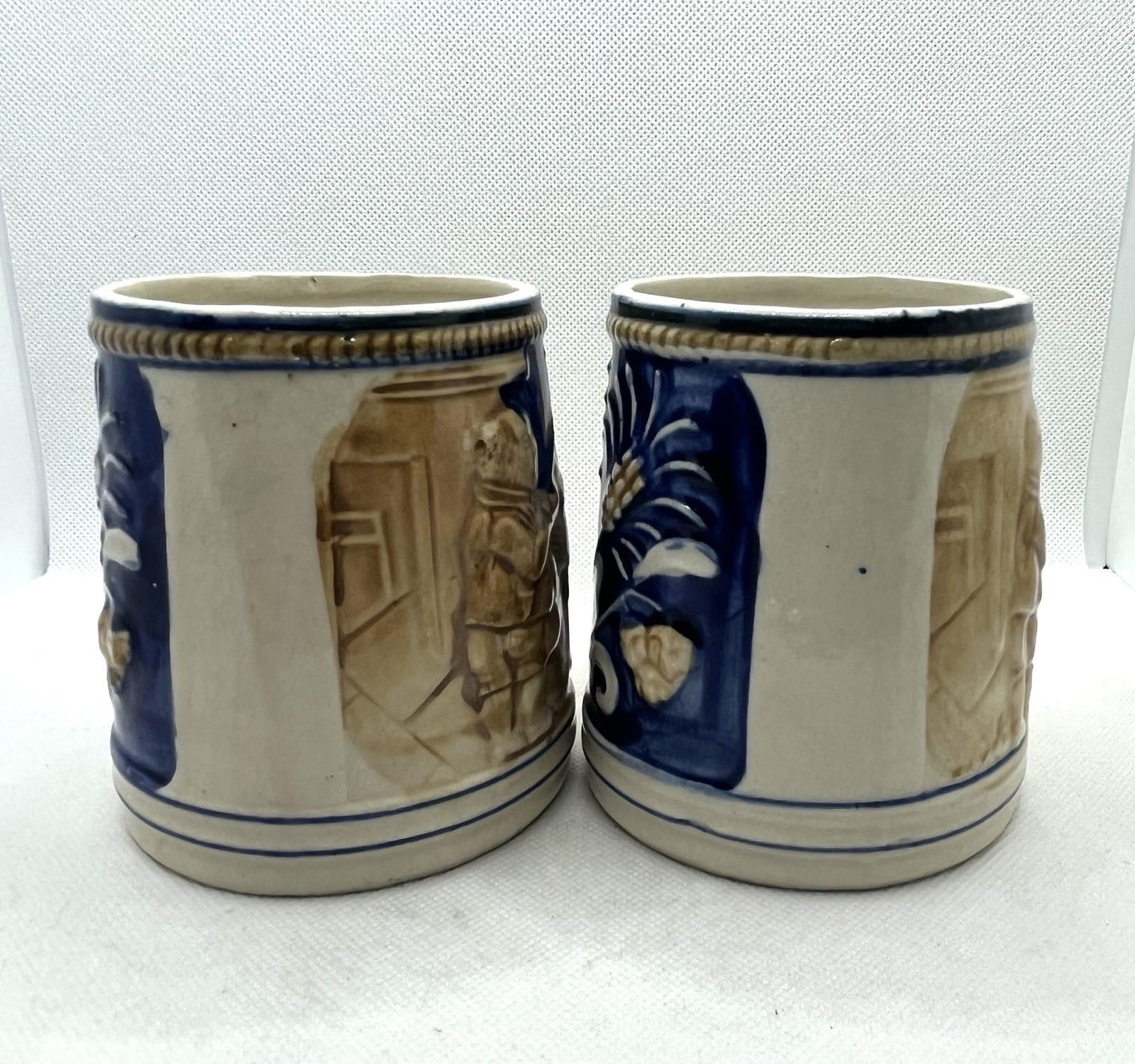 Vintage Ceramic Beer Mugs Cobalt Blue 2 Men In Tavern Scene & Wheat Japan 4”