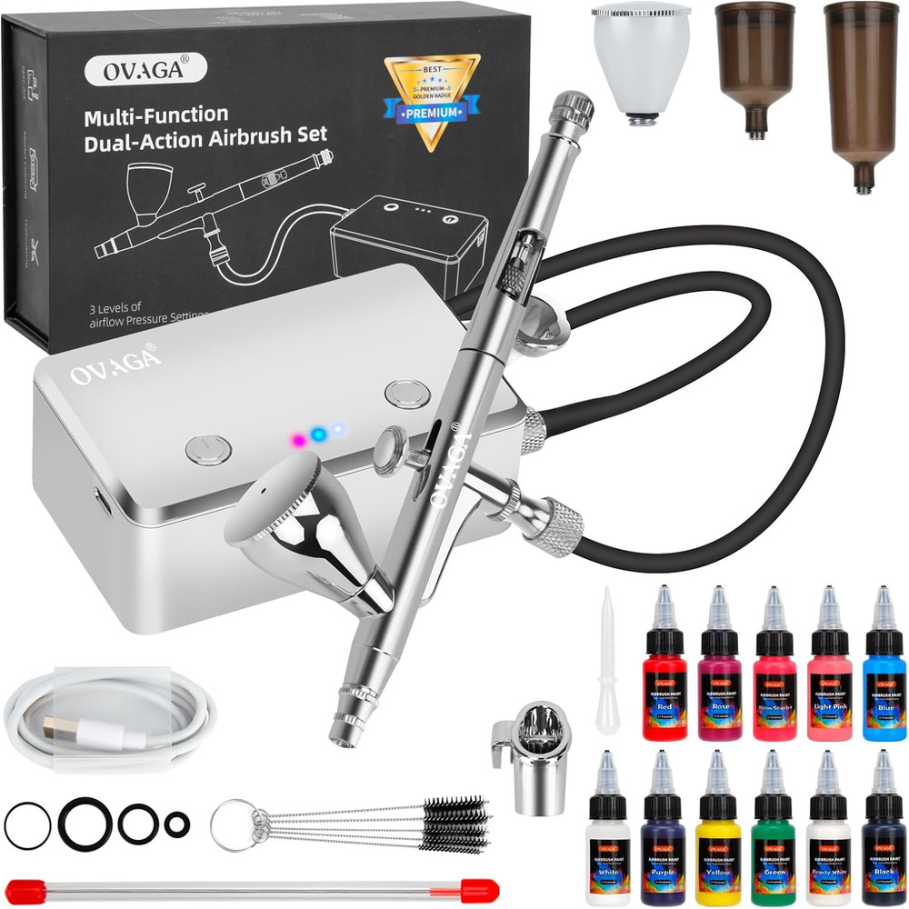 OVAGA 32PSI Airbrush Kit with Compressor, Rechargeable Multi-Function Dual-Actio