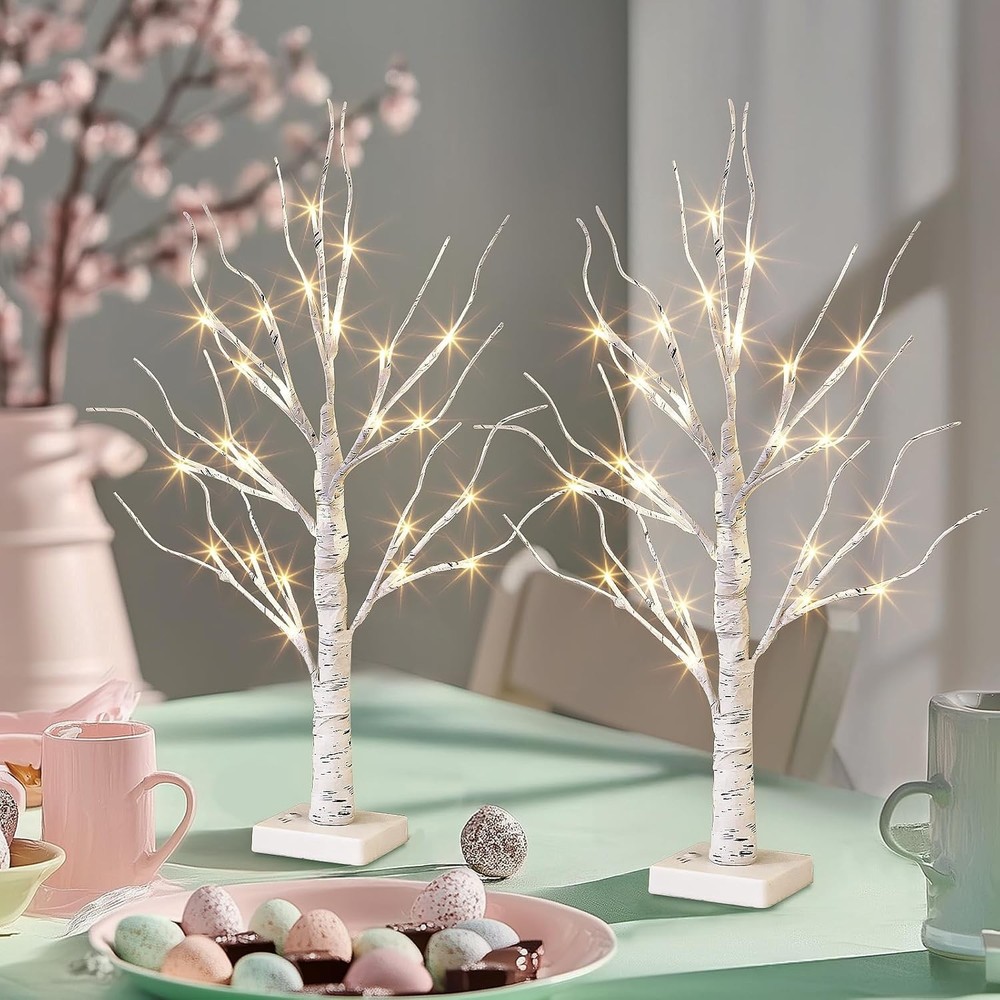 Easter Decorations, 2FT Birch Tree with LED Lights, Warm White Light up Tree ...