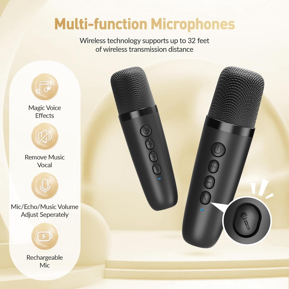 Mini Karaoke Machine with 2 Wireless Mics - Portable Bluetooth Fun for All Ages