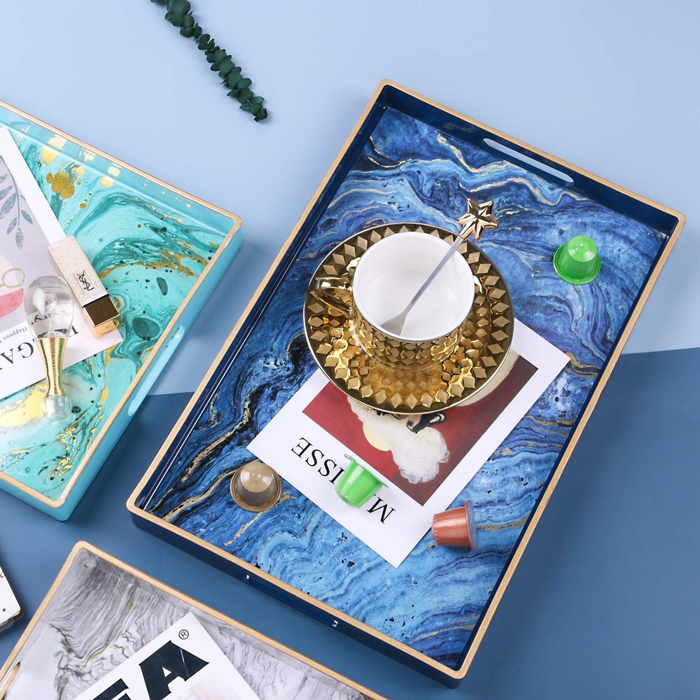 Decorative Tray Marbling Plastic Rectangular Vanity Serving 15.6x10.2 Blue