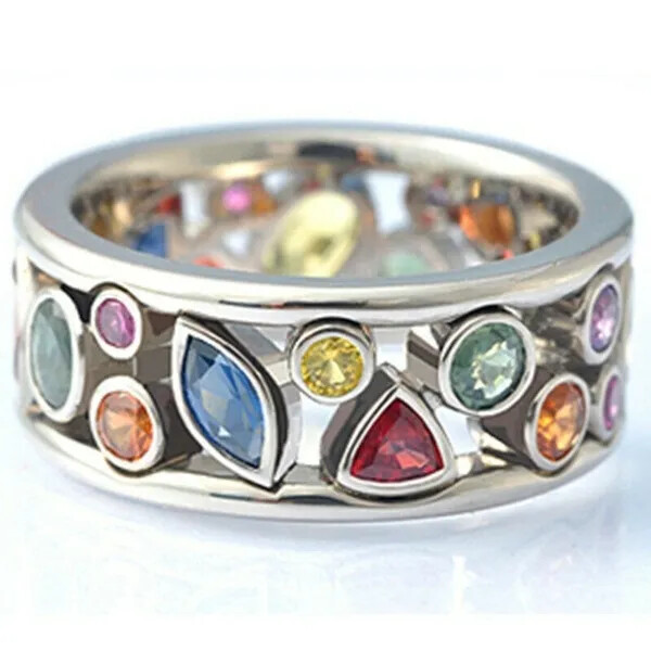MULTI-COLORED MULTI-STONE SILVER OPEN WORK RING CIGAR BAND SILVER TONE