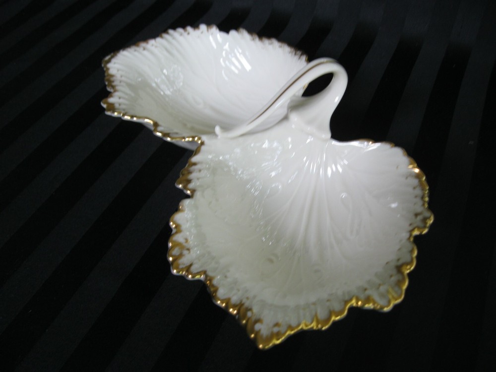 C-158 Lenox Bisque Double Leaf Handled Candy Nut Dish with Gold Trim