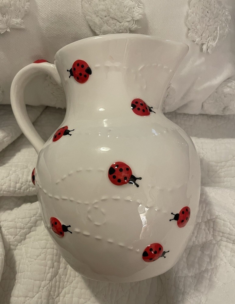 LANG By Design Hand Painted Ceramic Red Ladybugs On White Medium Size Pitcher