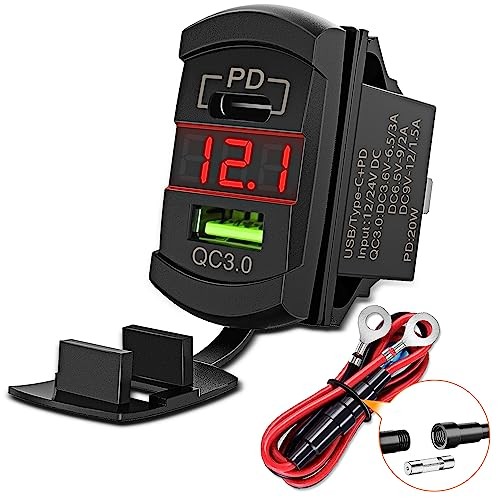 Rocker Switch Style USB Outlet LED Voltmeter Quick Type C + USB Voltmeter Red