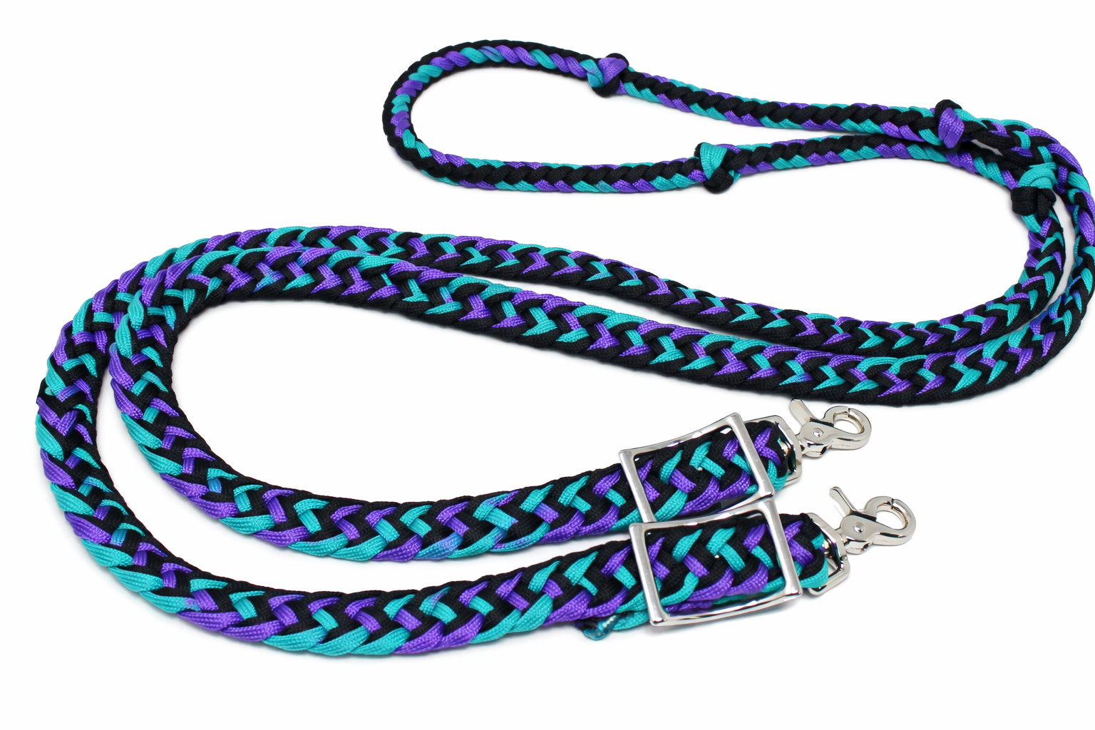 Horse Western Nylon Braided Roping Knotted Barrel Reins Purple-Turquoise 607244