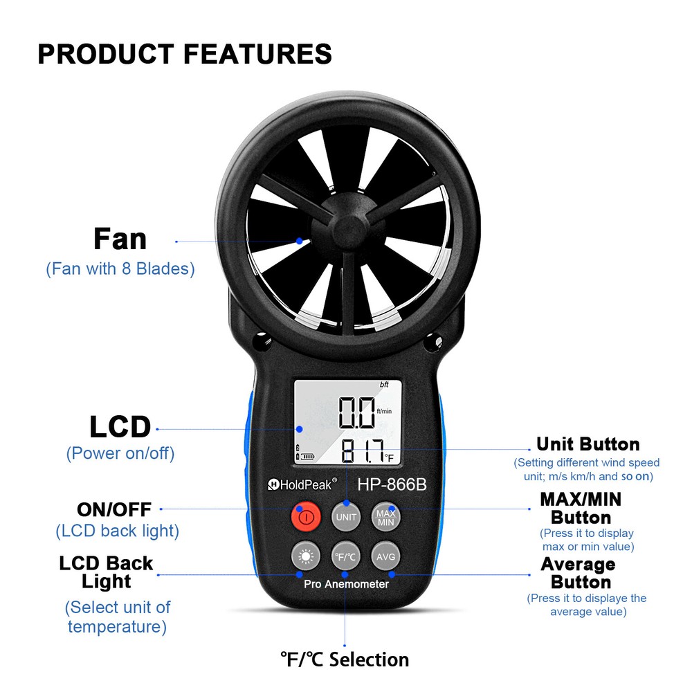 Digital Anemometer Wind Speed Meter Wind Measuring Air Flow Meter Velometer