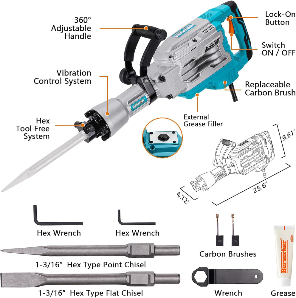Powerful 30 lb Demolition Jack Hammer with 4 Hex Chisels - Point & Flat Tips