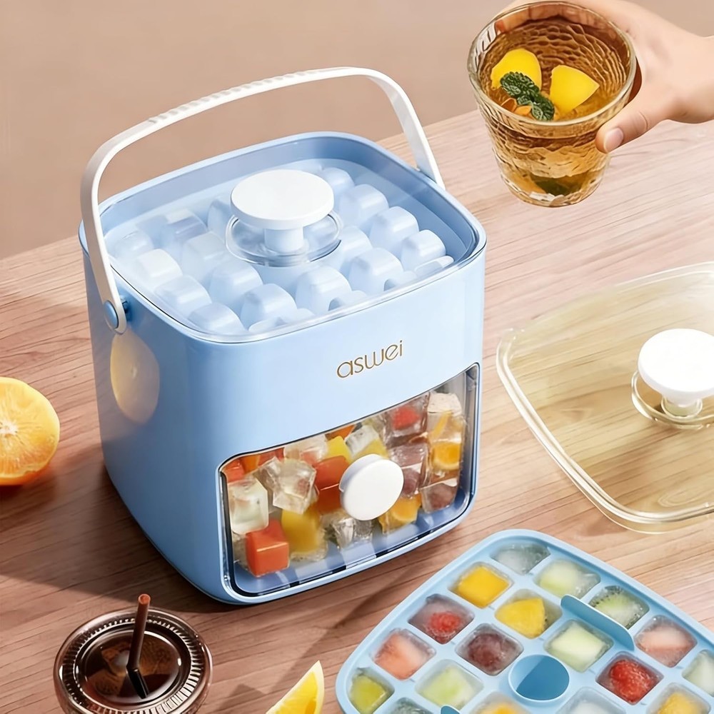 Compact Stackable Ice Cube Maker with Clear Lid - Ideal for Home Bars, Ice Blue