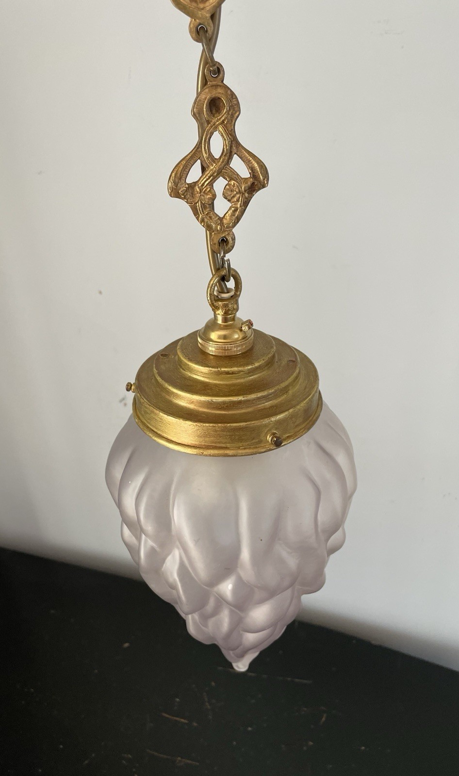 Art Deco French Ceiling Light With Hand Blown Flame Shade And Brass Fitting