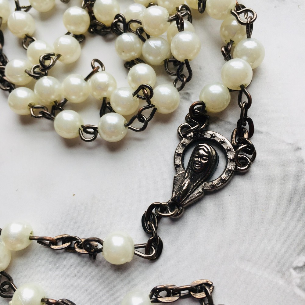 White Beaded Vintage Holy Rosary 20"