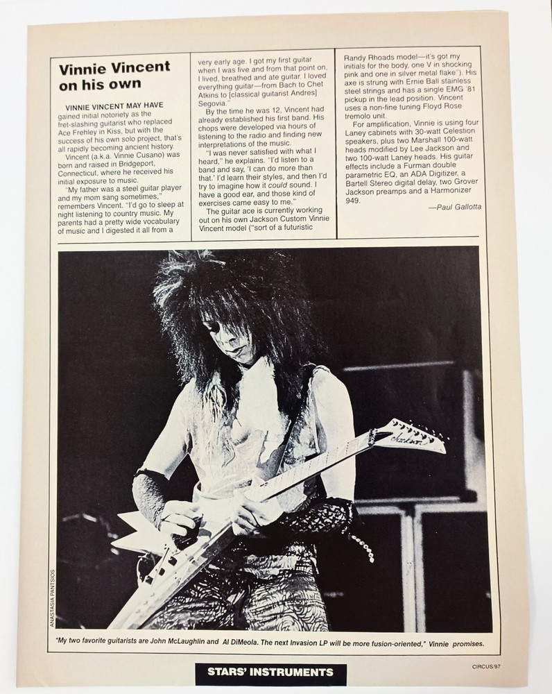 VINNIE VINCENT (KISS)~STAR'S INSTRUMENTS~ORIG 1987 ARTICLE POSTER PINUP CLIPPING