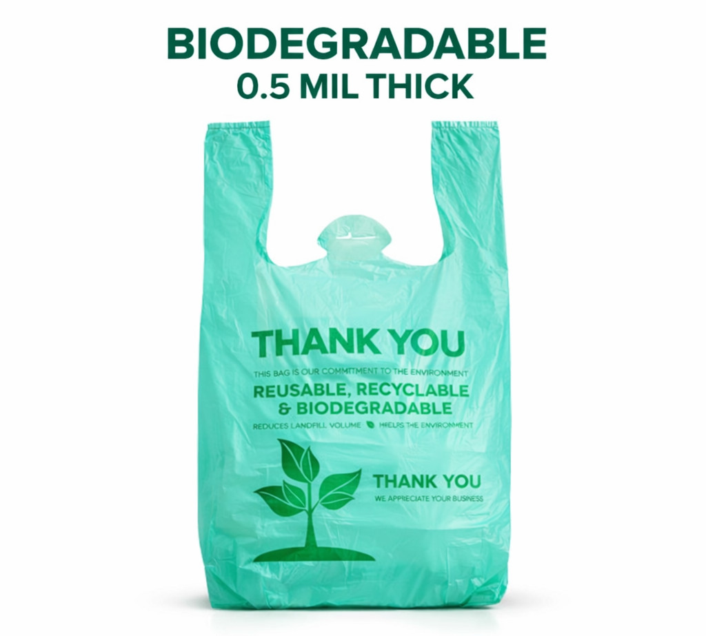 22 x 6.5 x 12  1/6 Green Biodegradable T-Shirt Plastic  Shopping Bags 0.5 Mil