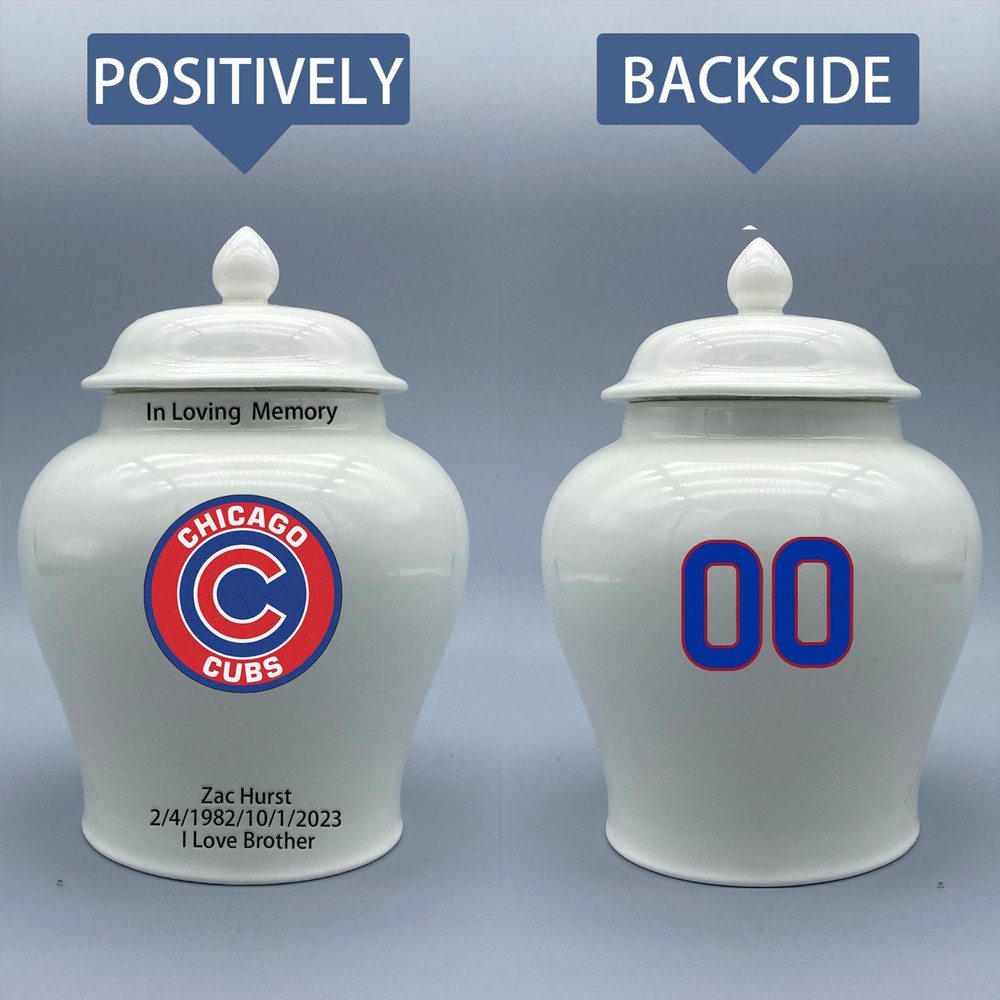 Ceramic Medium Urn for Chicago Cubs Baseball Theme, Custom Text & Number