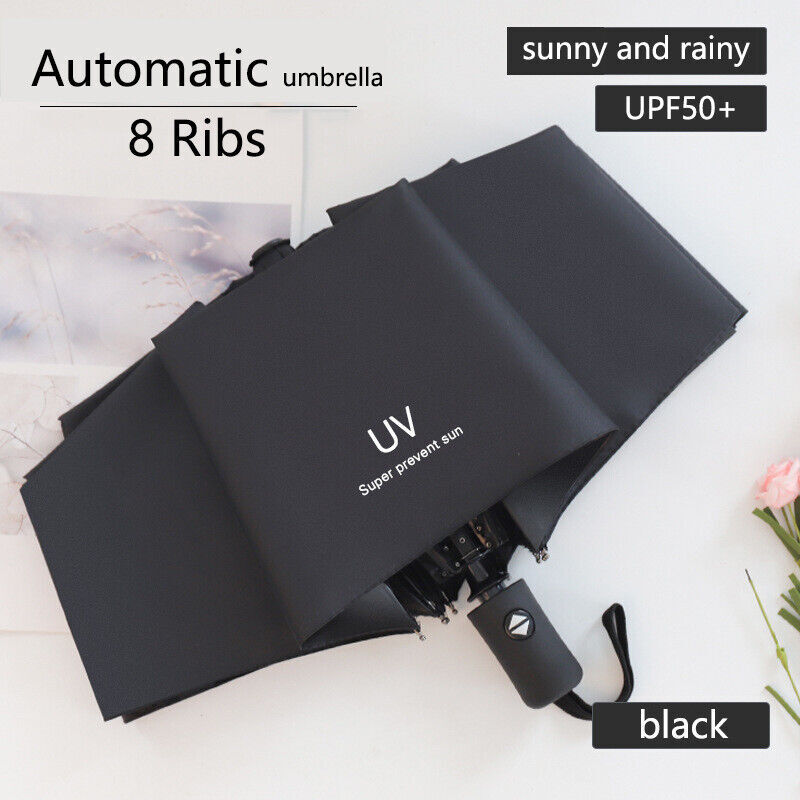Automatic Umbrella Anti-UV Sun/Rain Windproof 3 Folding Compact Umbrella Black