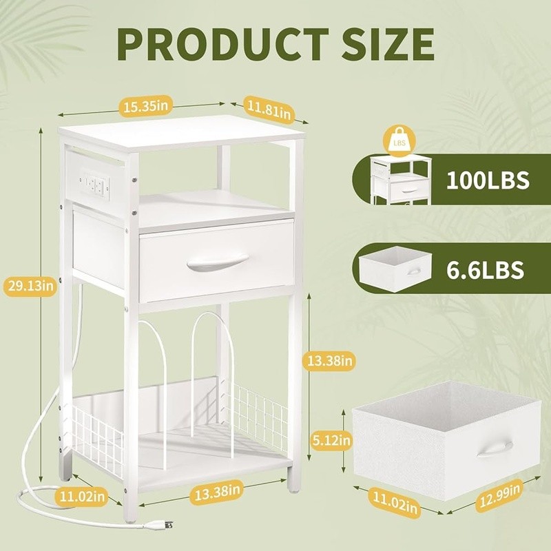 LED Nightstand Charging Station Record Storage Multifunctional Side Table New